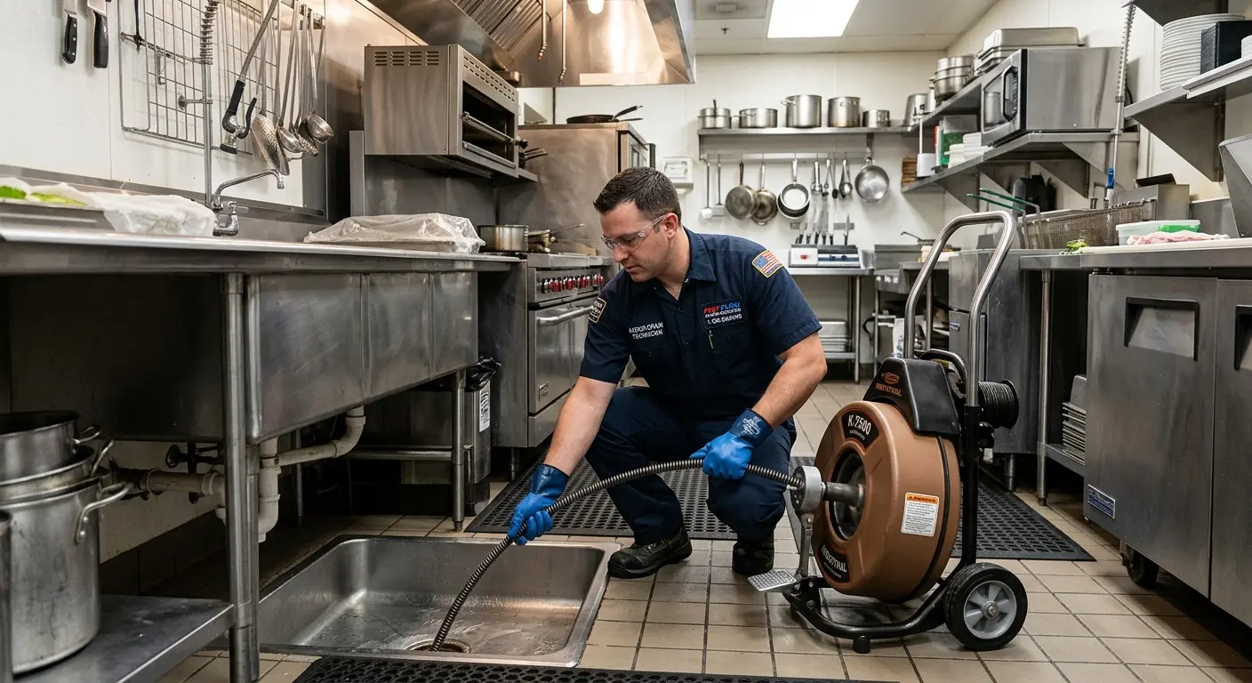 Commercial drain cleaning service in a restaurant kitchen in Branford