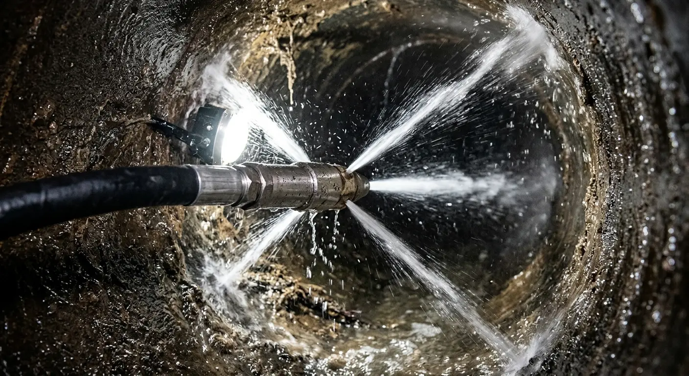 High-pressure hydro jetting nozzle cleaning sewer pipe for Trenchless Sewer Repair in Branford