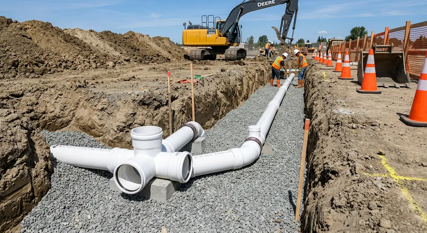 New PVC sewer pipe installation in open trench for Commercial Drain Cleaning in Branford