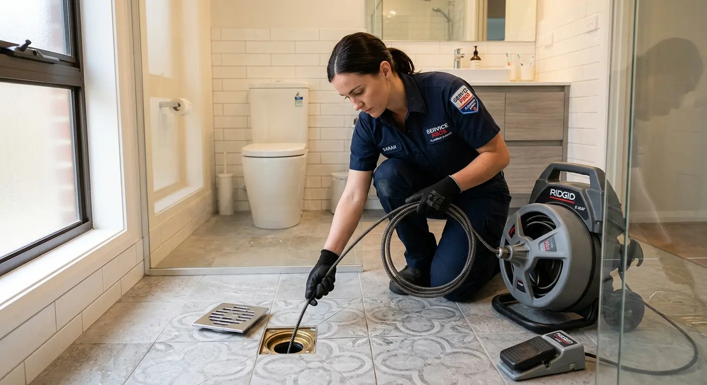 Technician clearing a bathroom floor drain for Drain Repair in Branford